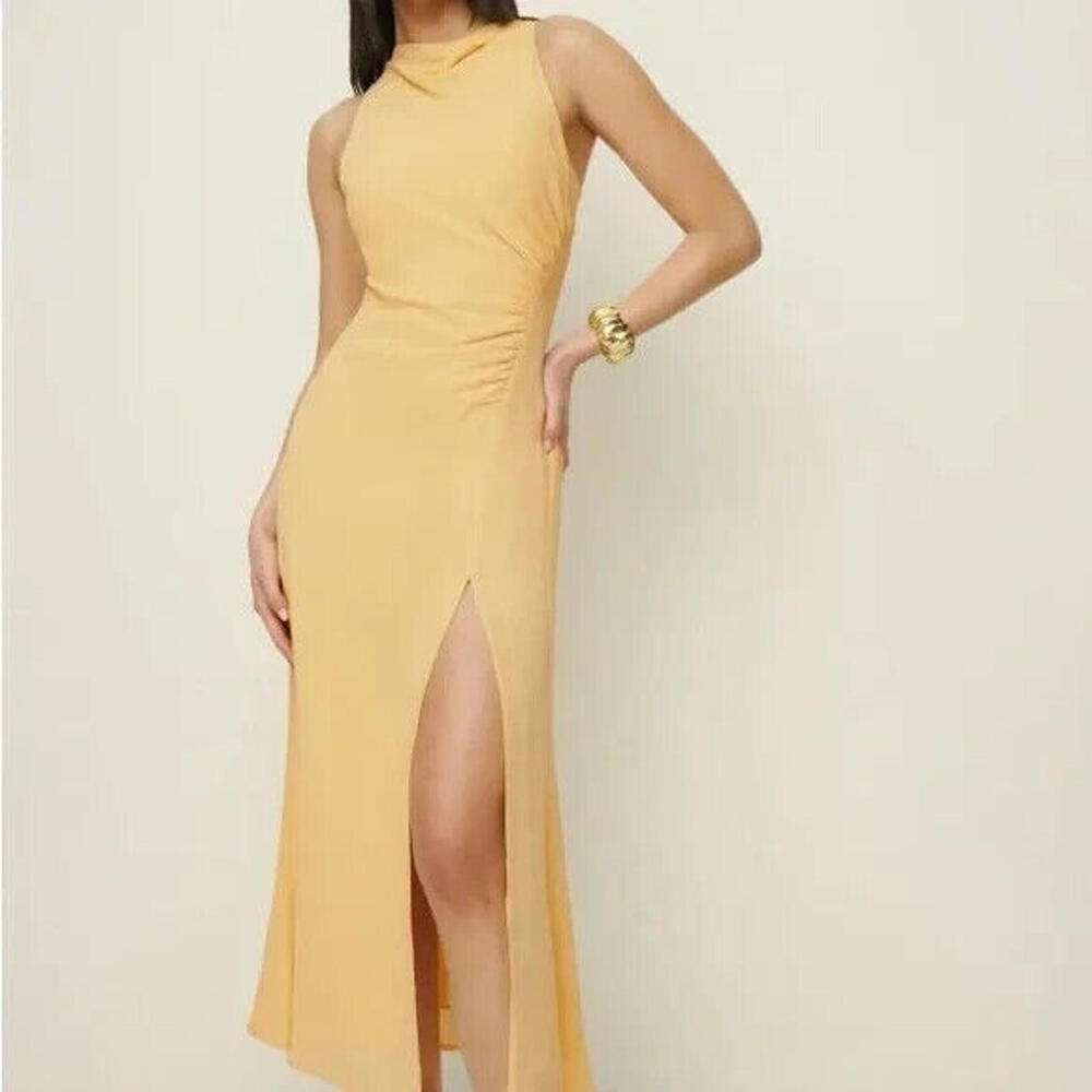 Reformation sunshine yellow midi dress leg split and high neck SZ 4 NWT $298msrp